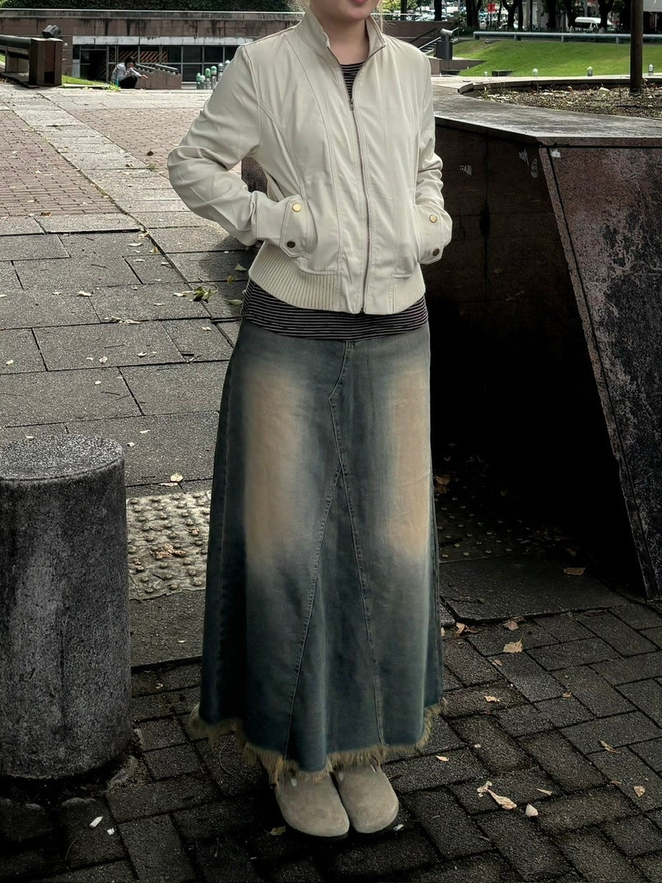 受注制【oaks】vintage wash denim maxi skirt (2color)