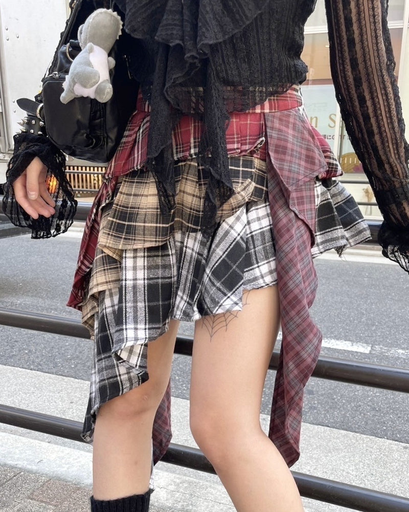 受注制【Never mind the XU】asymmetry check skirt / 【エックスユー ドッグ】アシンメトリーレイヤードチェックミニスカート