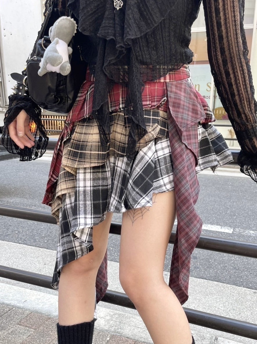 受注制【Never mind the XU】asymmetry check skirt / 【エックスユー ドッグ】アシンメトリーレイヤードチェックミニスカート