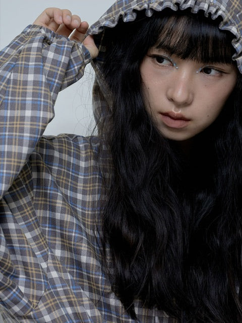 【FANCY CLUB】FRILL CHECK HOOD JACKET