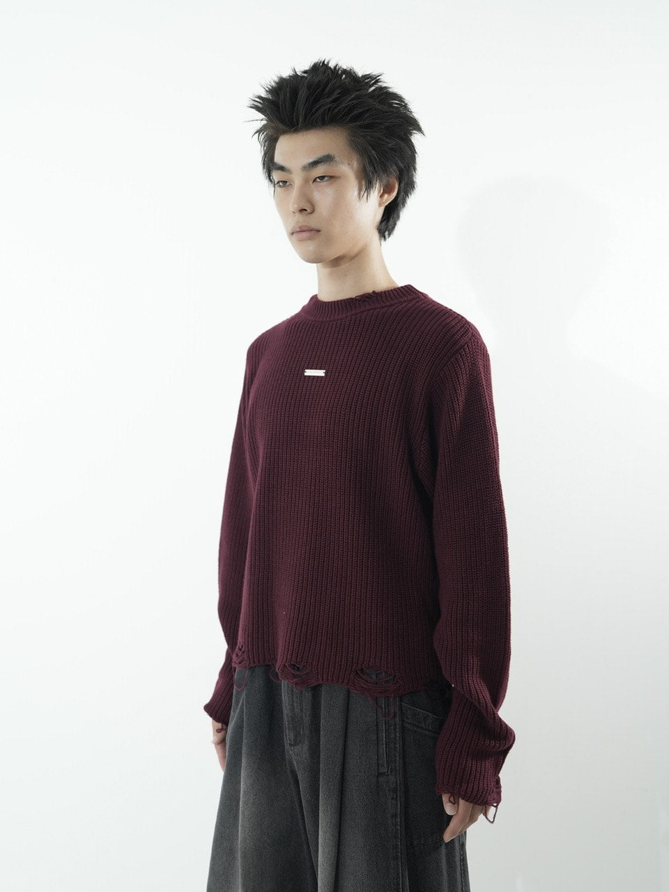 【CS】mock neck damage knit (red)