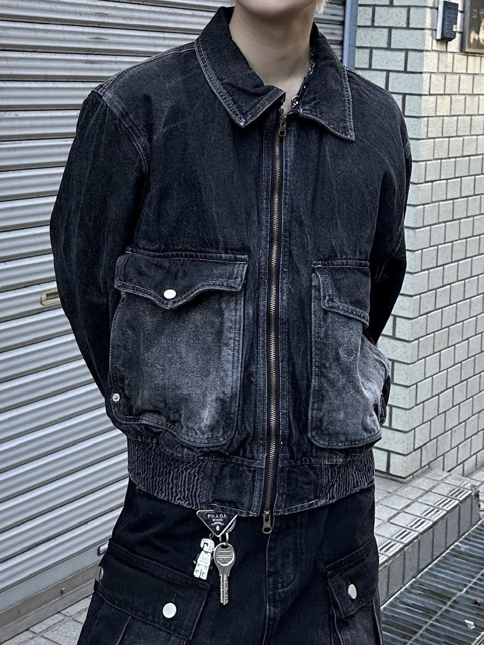 大阪店WEB限定受注制【Chikashitsu +】vintage wash cropped denim jacket (black)