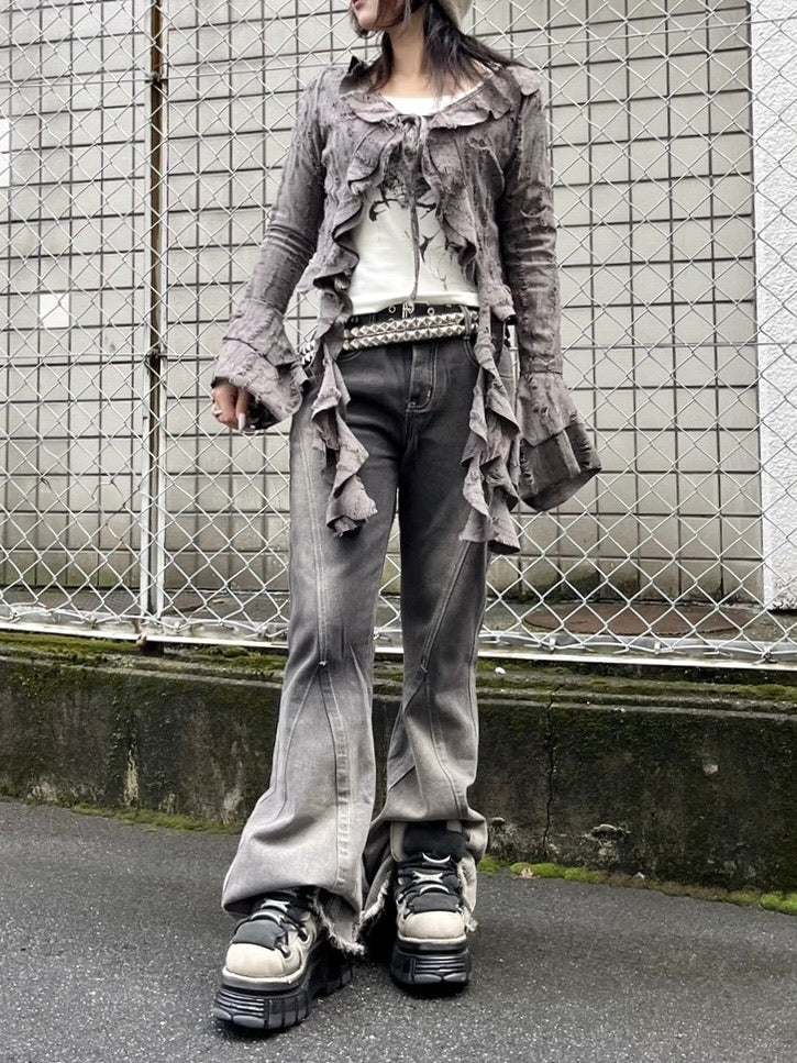 受注制【Never mind the XU】damage frill cardigan (2color)