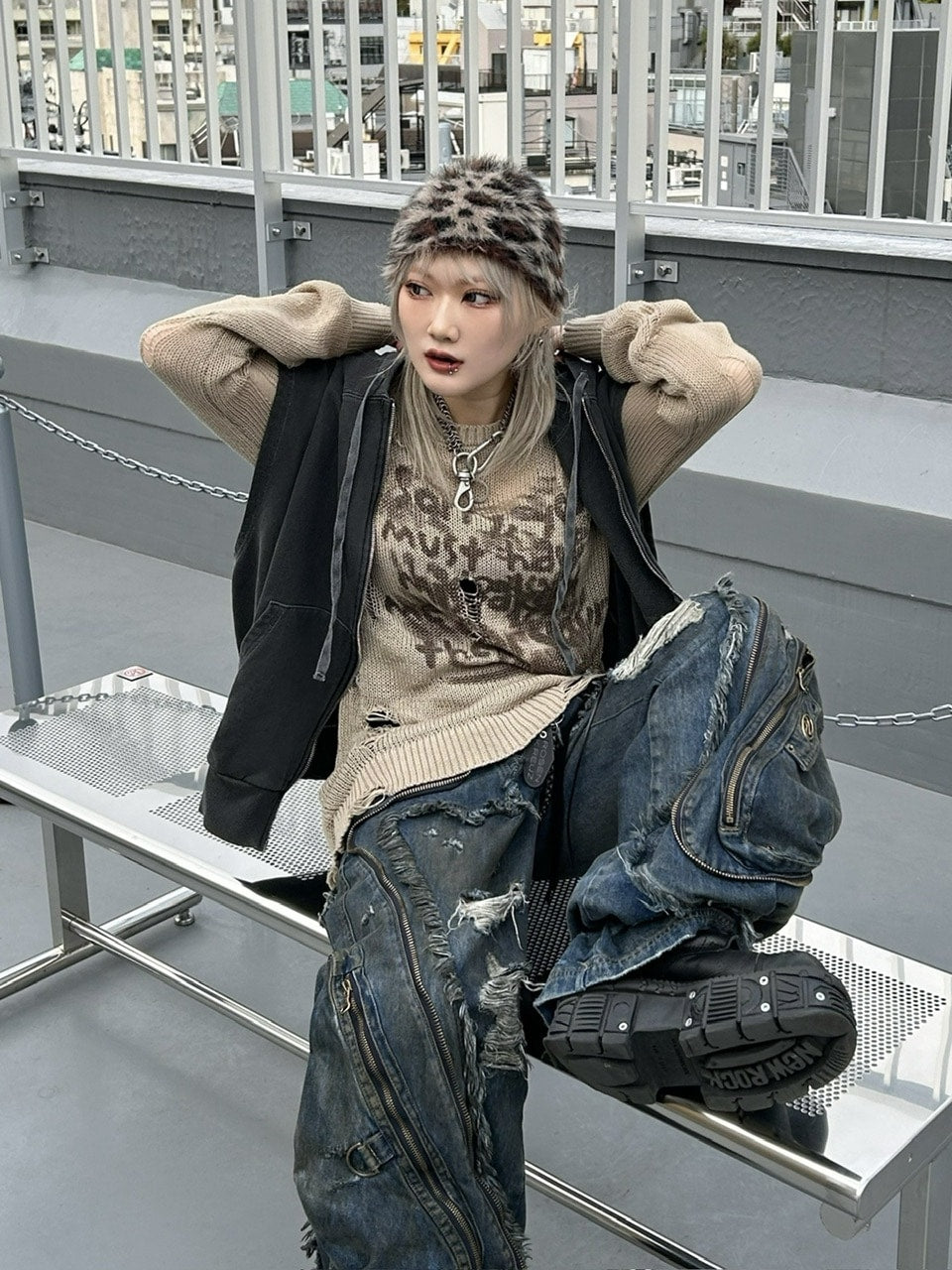 受注制【Never mind the XU】mohair leopard beanie (2color) / 【ネバーマインドザエックスユー】モヘアファーレオパードニット帽子