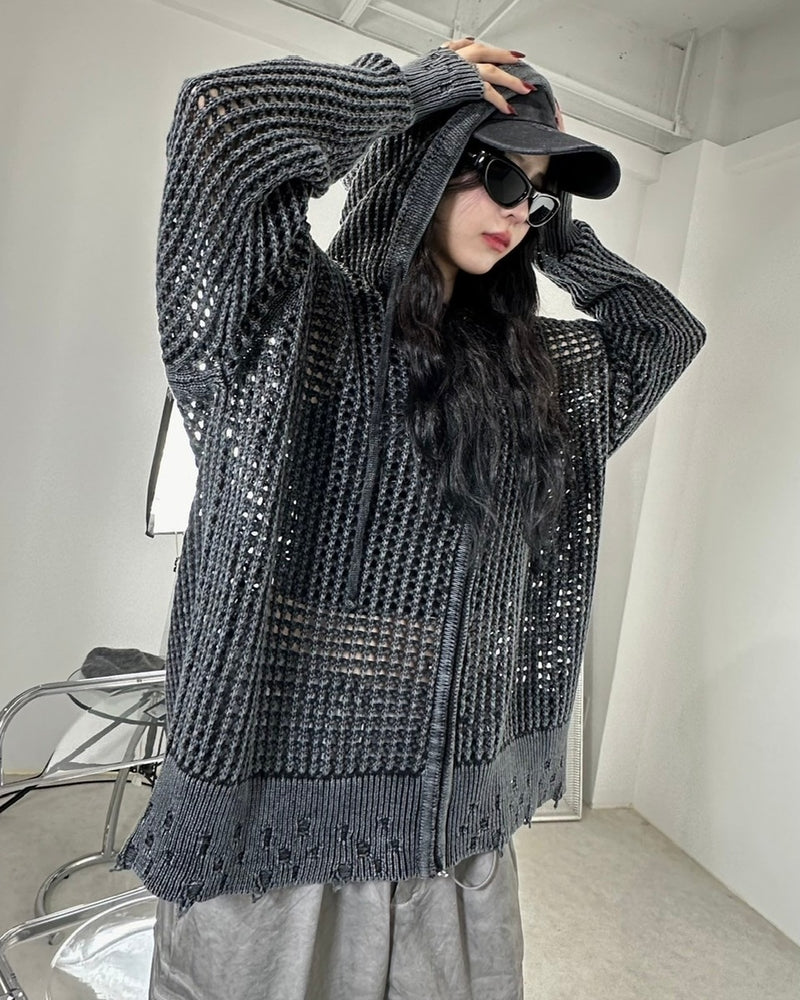 受注制【Never mind the XU】mesh zip damage hoodie (2color) / 【ネバーマインド ザ エックスユー】メッシュダメージジップアップ長袖パーカー