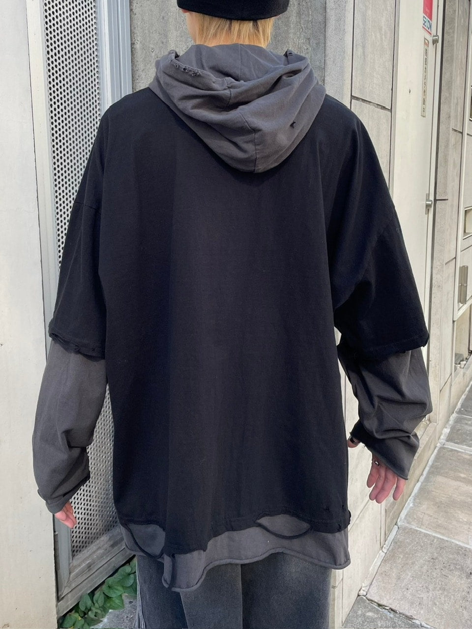 受注制【nmtc +】bi color layered hood long sleeve tee (2color)