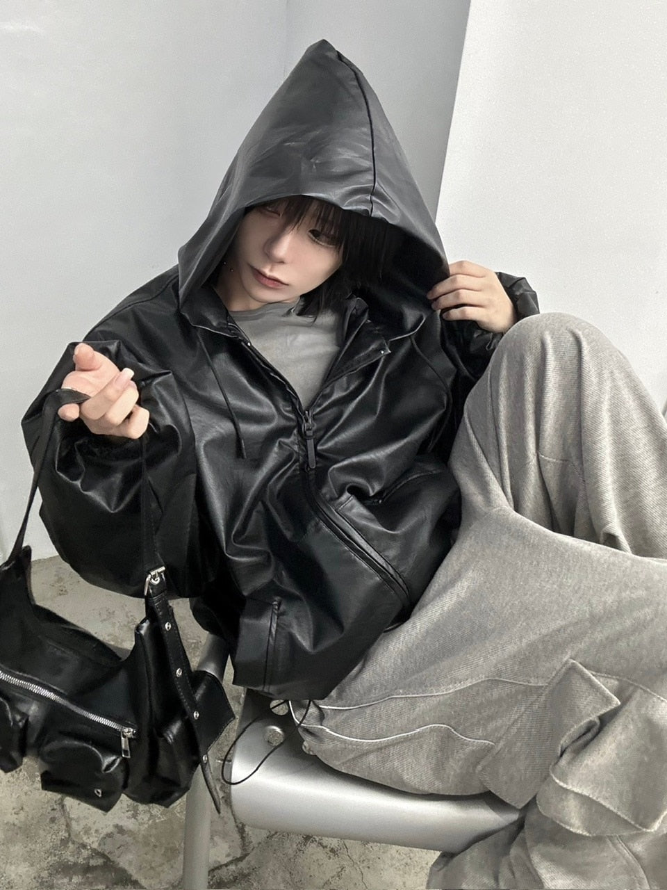 国際配送【LUV CODE】leather hooded jacket