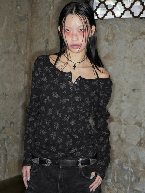 【NOT KNOWING】ROSE HALTER STRAP TOP / 【ノットノーイング】ローズホルターネックストラップ長袖トップス