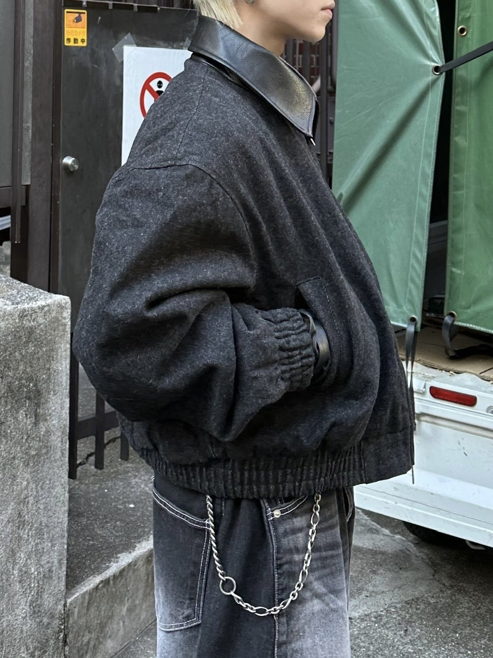 大阪店WEB限定【Chikashitsu +】cropped leather collar denim jacket