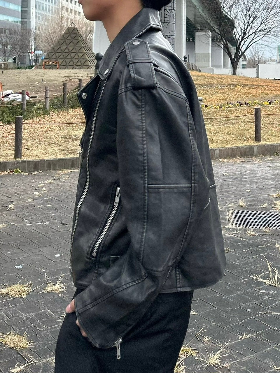 受注制【Chikashitsu +】aging wash cropped riders jacket