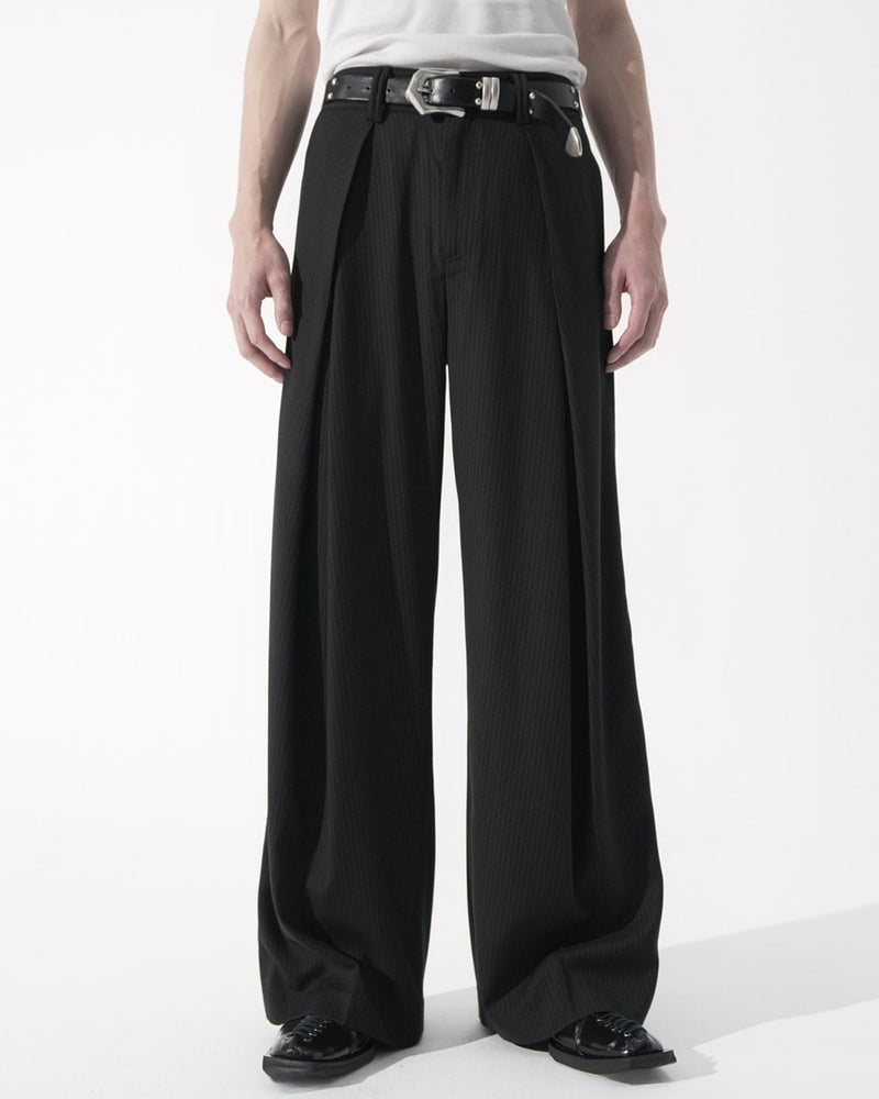 【CS】stripe cross tuck drape slacks (black)