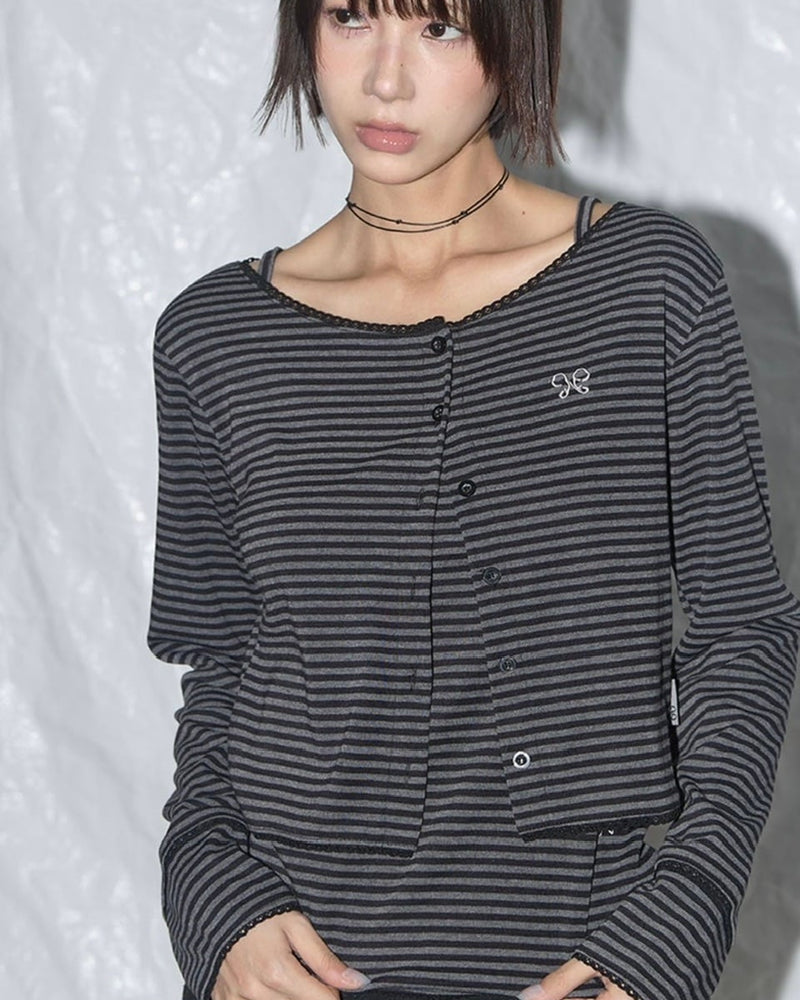 【FANCY CLUB】LACE STRIPE BASIC CARDIGAN