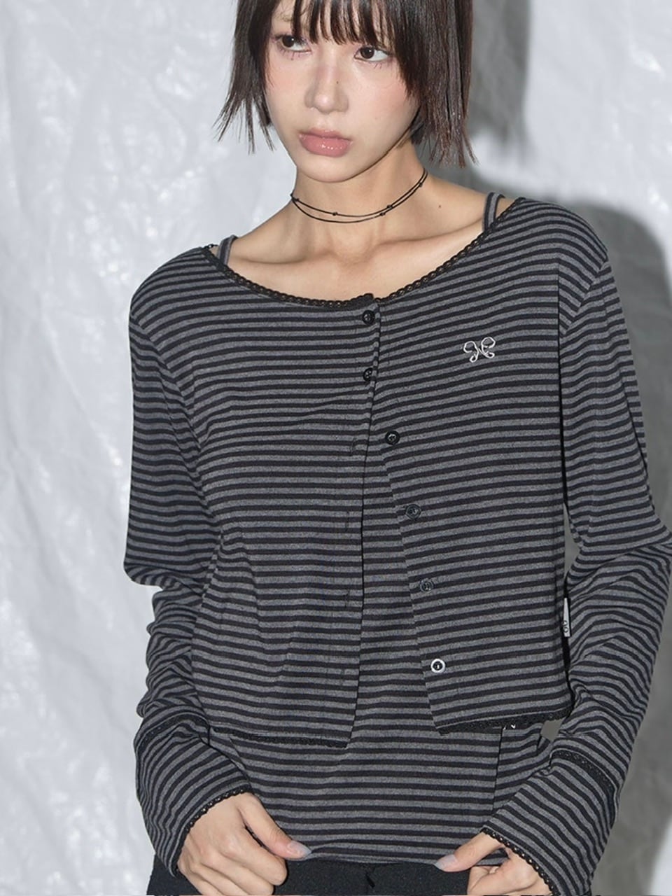 【FANCY CLUB】LACE STRIPE BASIC CARDIGAN