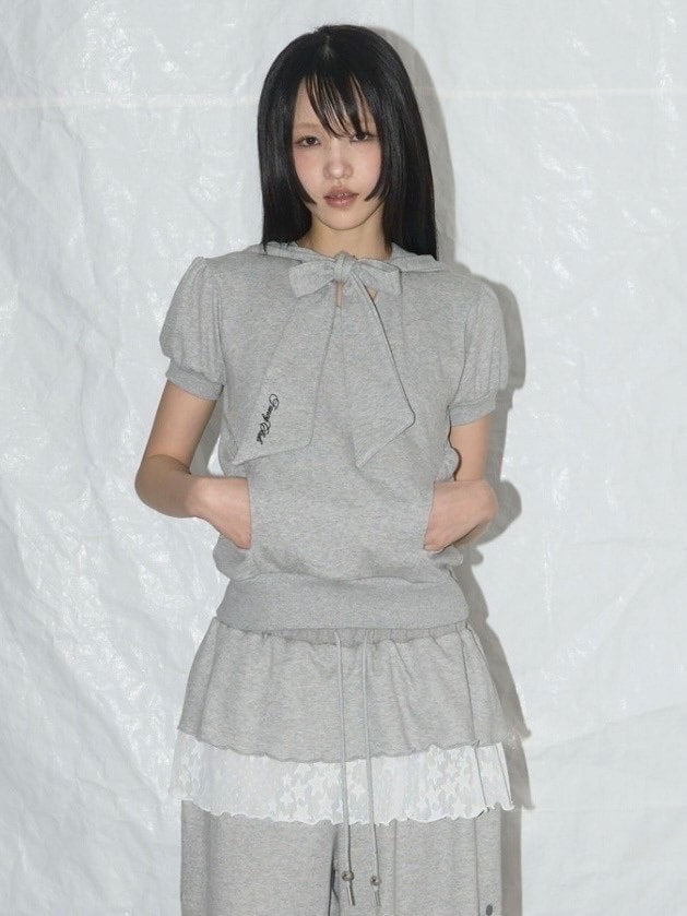 【FANCY CLUB】PUFF ROUND SCARF HOODIE / 【ファンシークラブ】パフスリーブラウンドネックスカーフショートパーカー