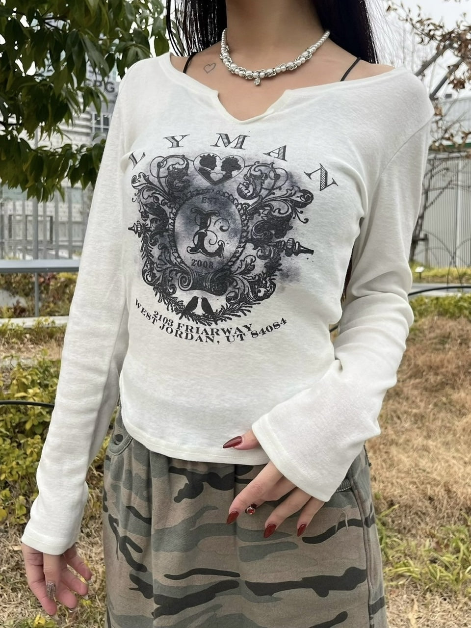 【Never mind the XU】v neck vintage print long sleeve tee (3color) / 【ネバーマインドザエックスユー】Vネックヴィンテージプリント長袖Tシャツ