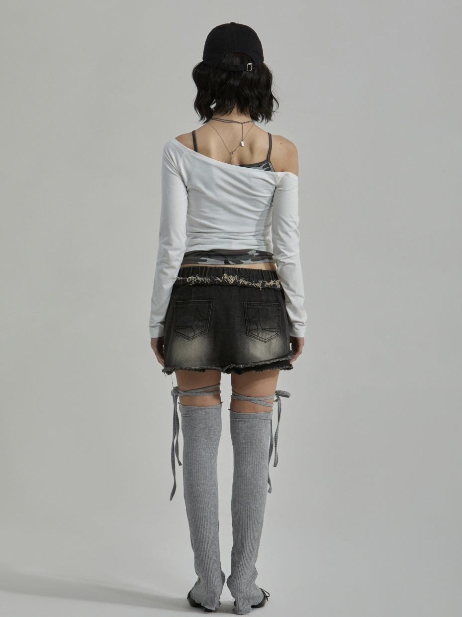 【GATELESS】CAMOUFLAGE LAYERED ONE SHOULDER T-SHIRT