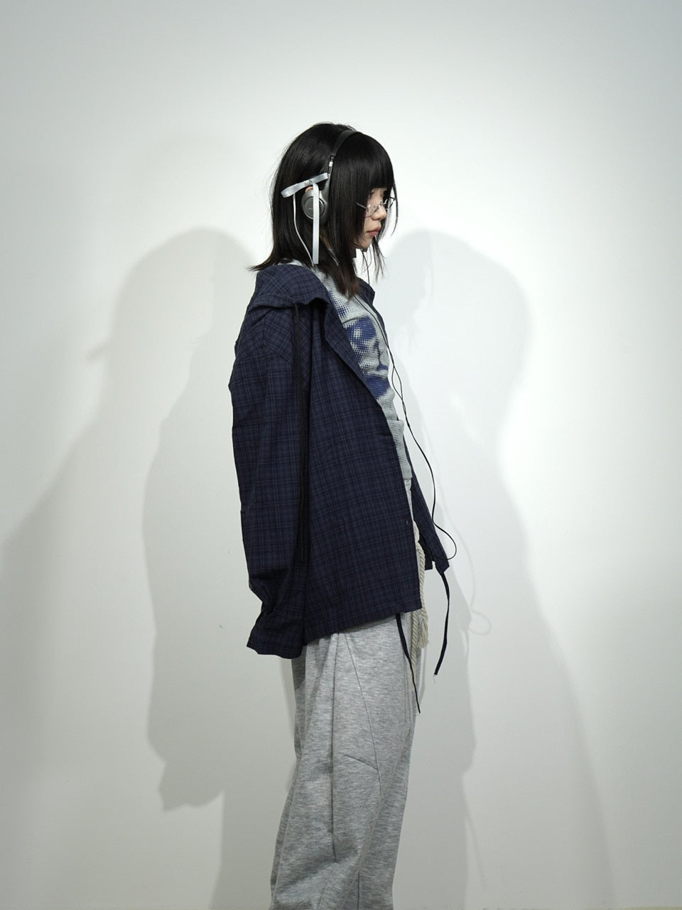 国際配送【Nerd out XU】blue check hoodie shirt