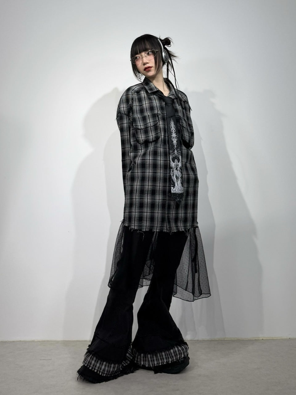 国際配送【Nerd out XU】check frill hem flare denim pants / 【ナードアウトエックスユー】チェックフリルヘムフレアデニムパンツ