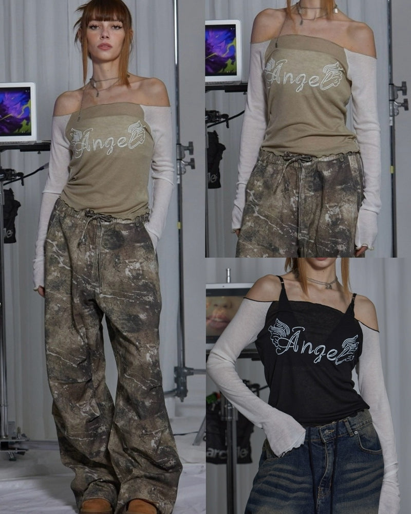 【GATELESS】SHEER OFF SHOULDER T-SHIRT