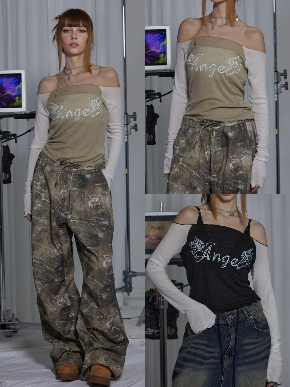 【GATELESS】SHEER OFF SHOULDER T-SHIRT