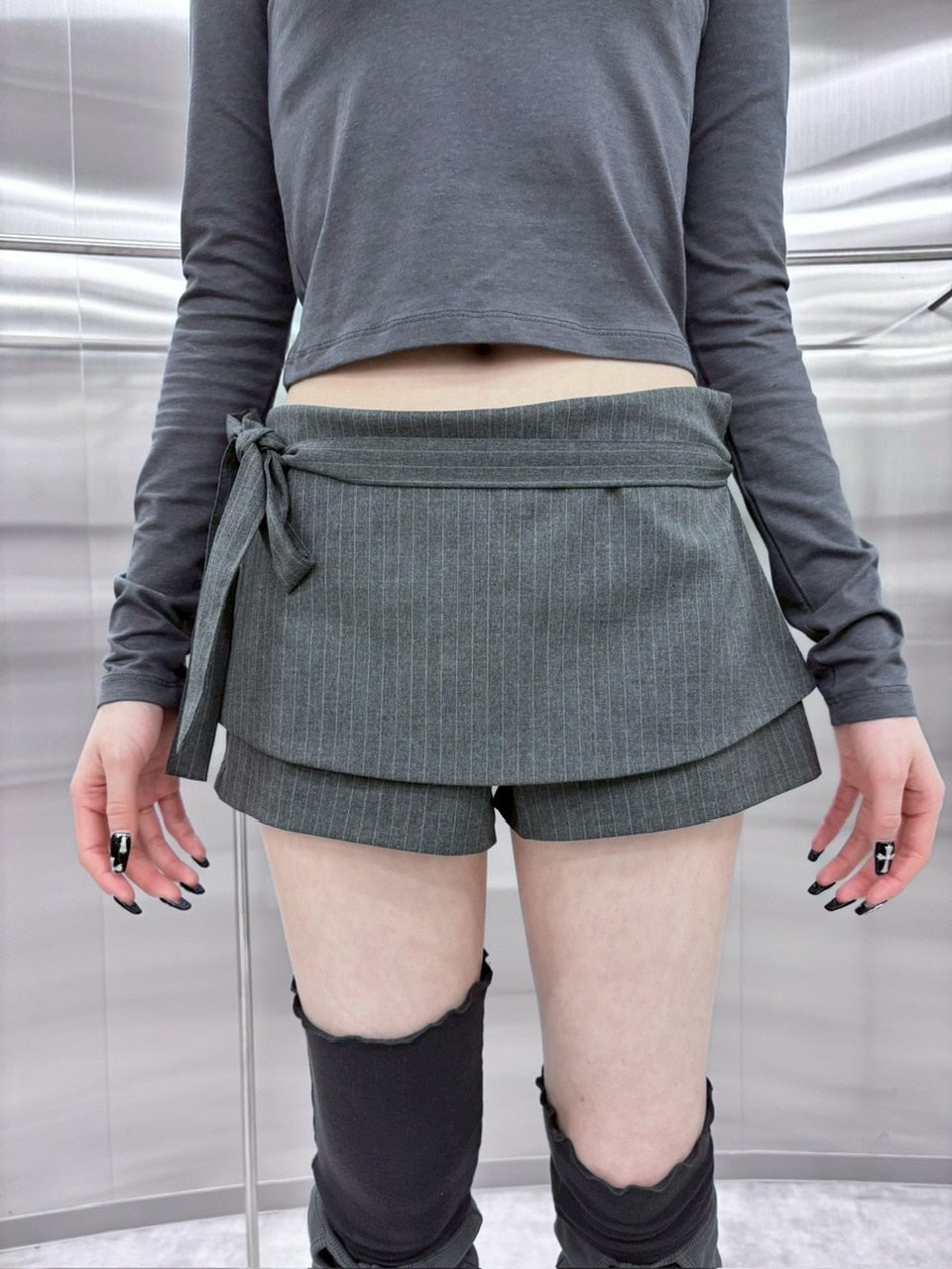 受注制【nmtc +】stripe rap pants (3color) / 【エヌエムティーシープラス】ストライプボーダーラップスカートパンツ