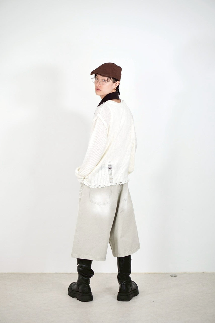 【Chikashitsu +】damage reverse v neck knit (3color) / 【チカシツプラス】リバースVネックダメージニット