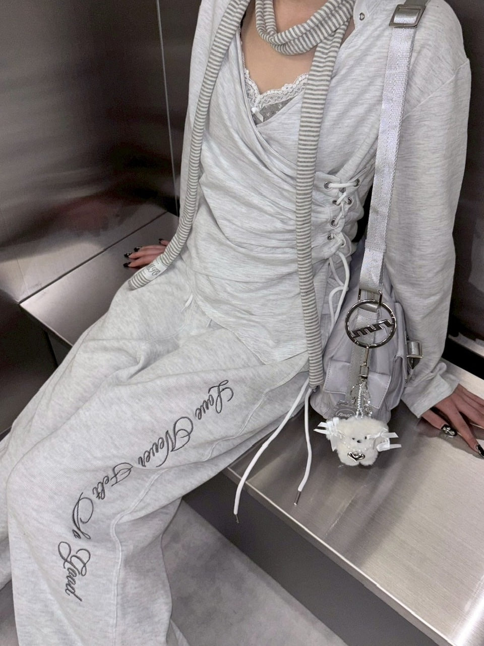 受注制【nmtc +】lace layered sweat pants (2color) / 【エヌエムティーシープラス】レースレイヤードスウェットパンツ