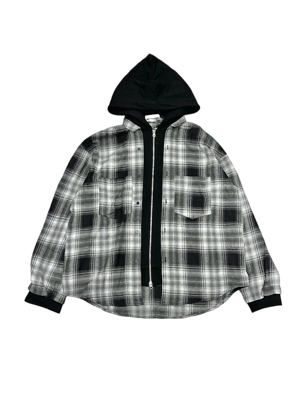 受注制【Never mind the XU】layered check shirts / 【ネバーマインドザエックスユー】レイヤードチェックフード長袖シャツパーカー