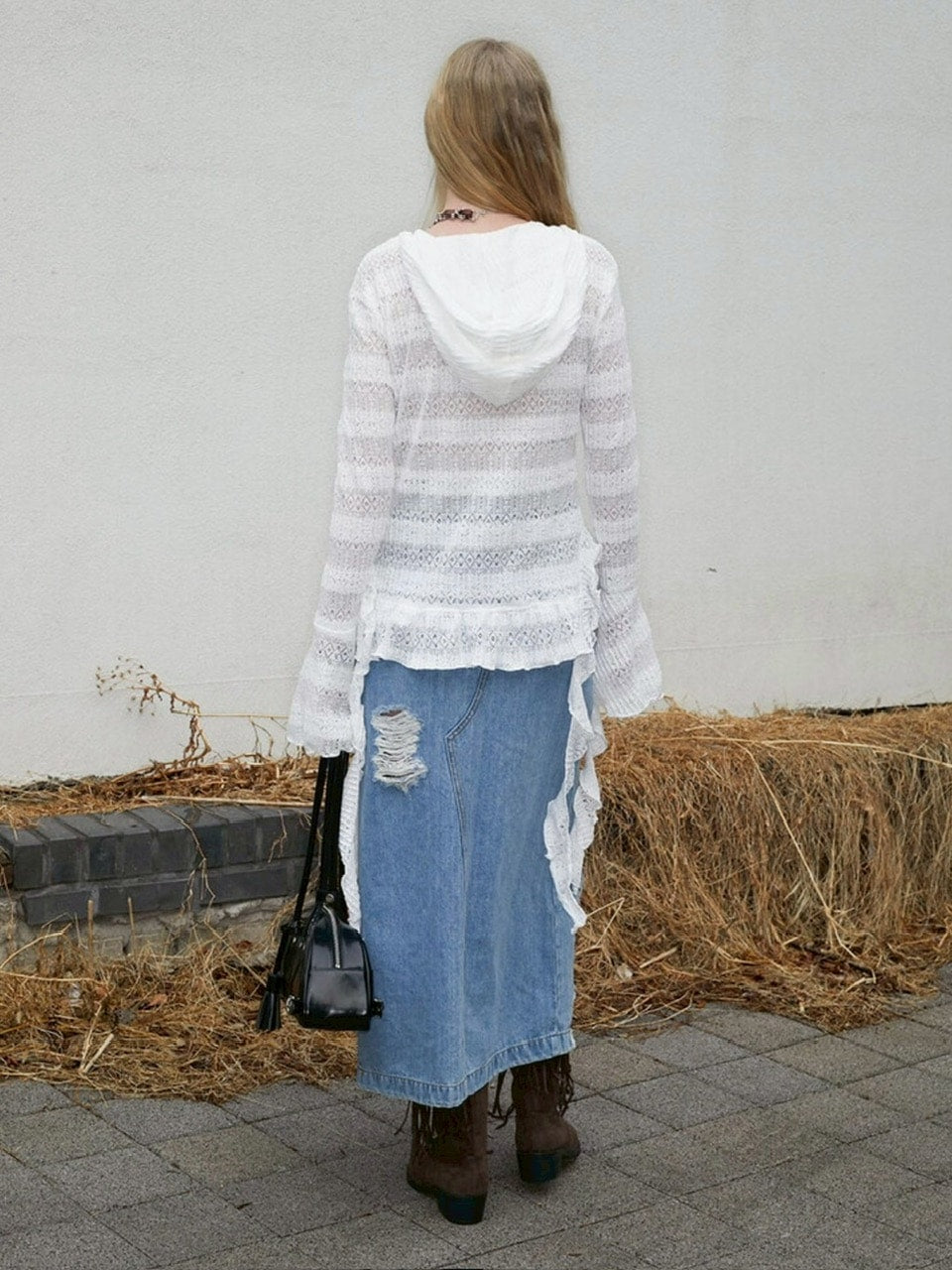 【NOT KNOWING】Lace V Neck Ruffle Hoodie