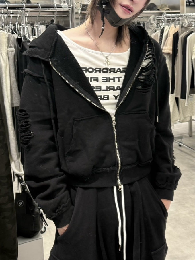 【nmtc +】damage cropped zip up hoodie / 【エヌエムティーシープラス】ダメージクロップドジップパーカー (2color)