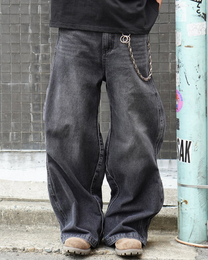 【Chikashitsu +】side wave design denim pants (BLACK)