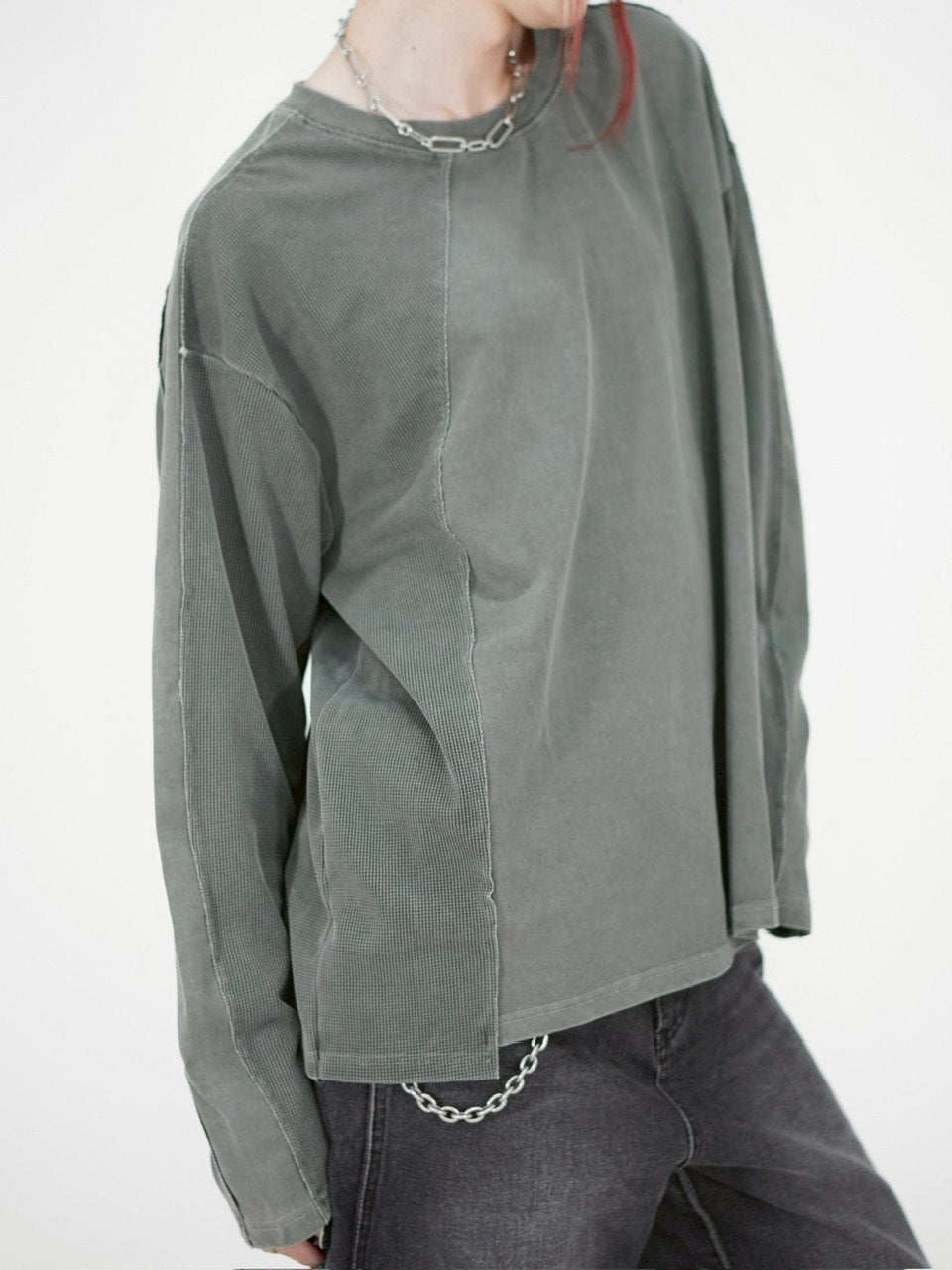 受注制【Chikashitsu +】switching waffle long sleeve (3color)