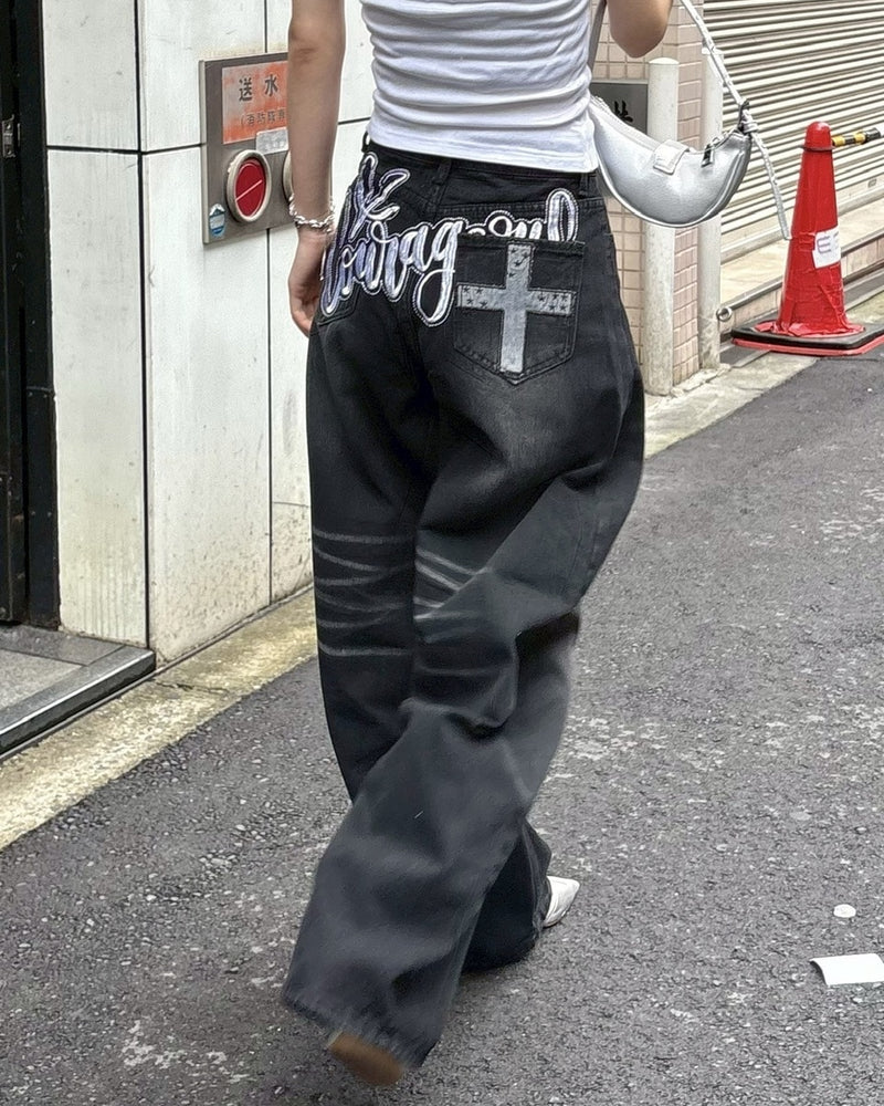 受注制【Never mind the XU】back print wide denim pants / 【ネバーマインドザエックスユー】バックプリントワイドデニムパンツ