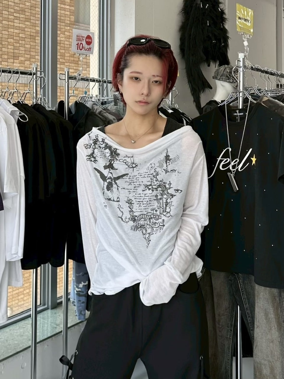 受注制【Never mind the XU】see-through loose long sleeve / 【ネバーマインドザエックスユー】シースルールーズプリント長袖Ｔシャツ