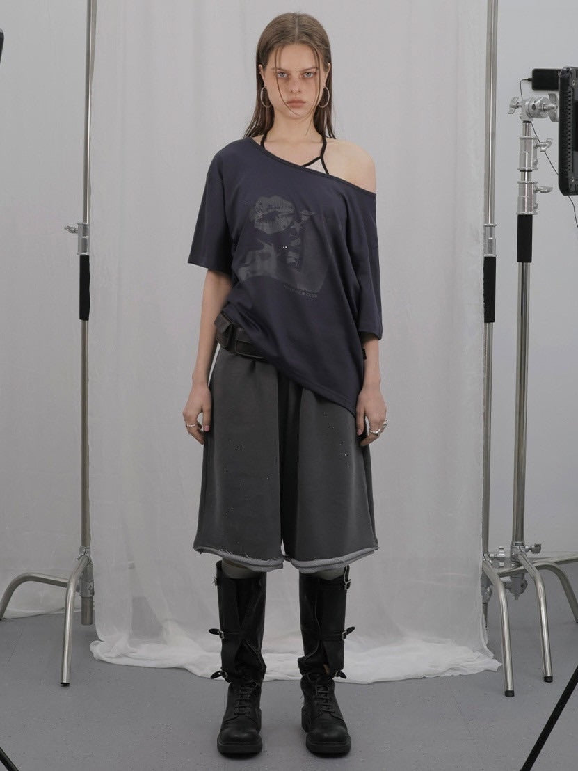 【HOLY NUMBER 7】OFF-SHOULDER PUNK GRAPHICS SHORT-SLEEVED T-SHIRT / 【ホーリーナンバーセブン】オフショルダープリント半袖Tシャツ