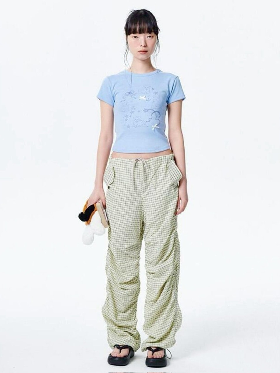 【runningHIGH】CHECK SHIRRING PARACHUTE PANTS