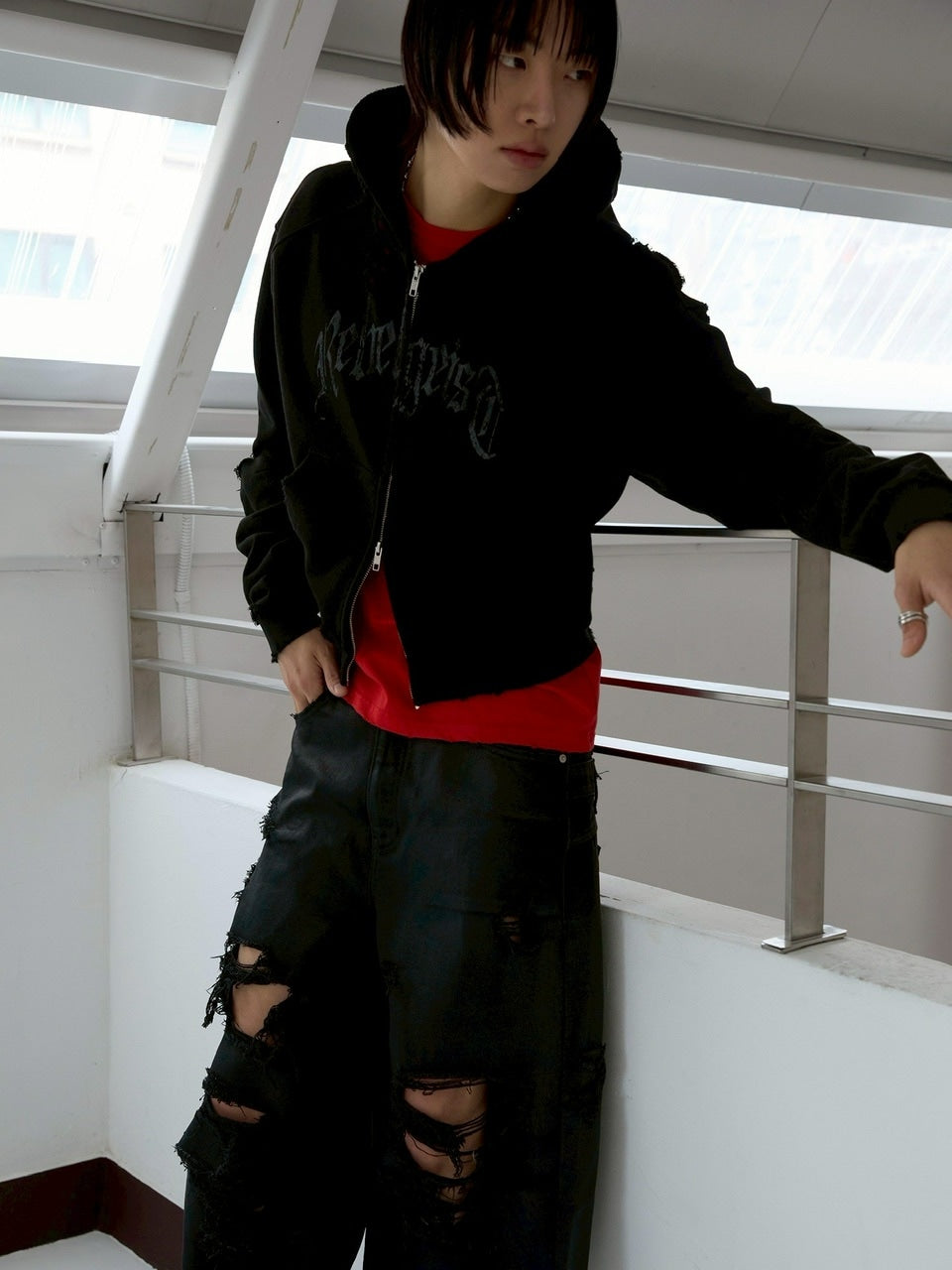 【ANOTHERYOUTH】damaged crop zip-up hoodie