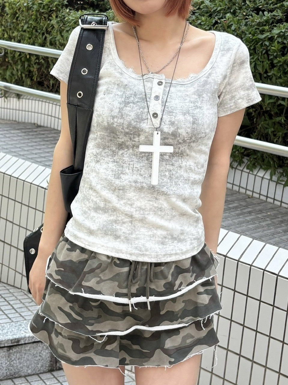 受注制【Never mind the XU】marble washed tee (3color) / 【ネバーマインド ザ エックスユー】マーブルウォッシュドヘンリーネックプリント半袖Tシャツ