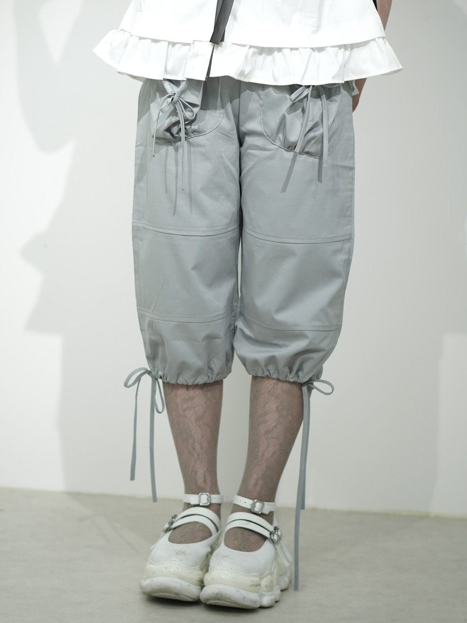 国際配送【Nerd out XU】ribbon string shorts (2color) / 【ナードアウトエックスユー】リボンストリングワイドハーフパンツ
