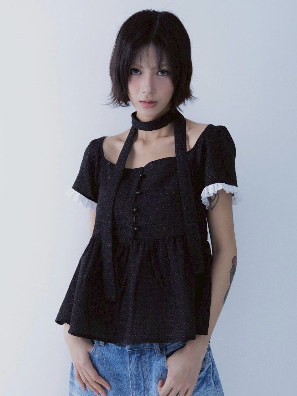 【SETSETSET】DOT MUFFLER FLARED BLOUSE