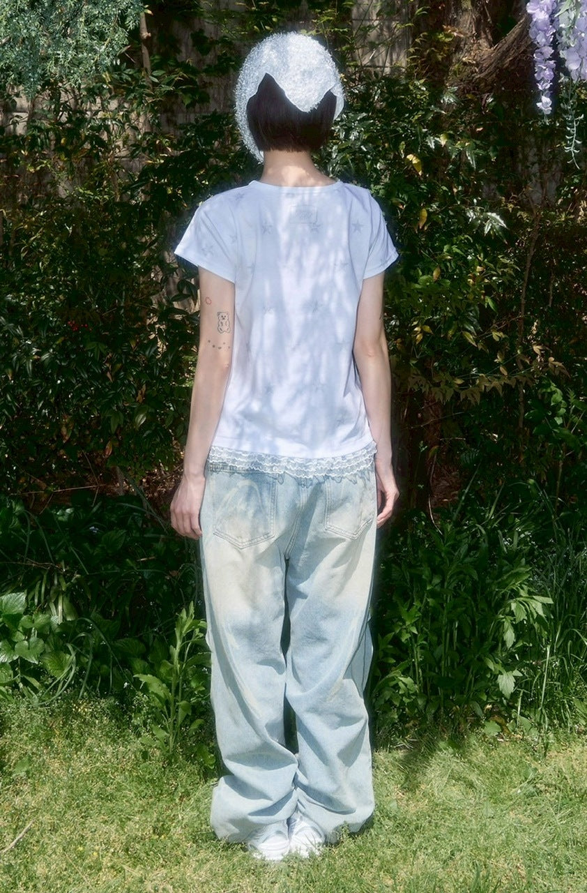 【FANCY CLUB】Lace Star Layered Tee / 【ファンシークラブ】レーススターレイヤード半袖Tシャツ