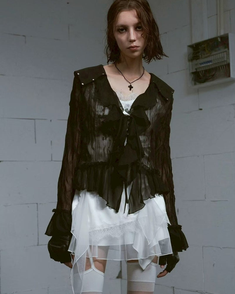 【Cest Nous】Black Chiffon Cardigan