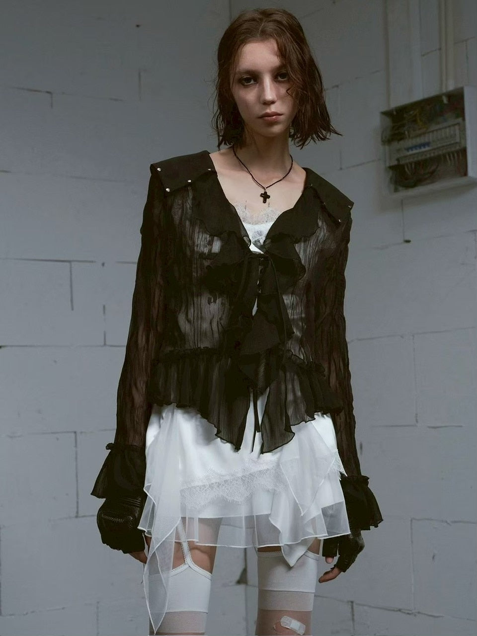 【Cest Nous】Black Chiffon Cardigan