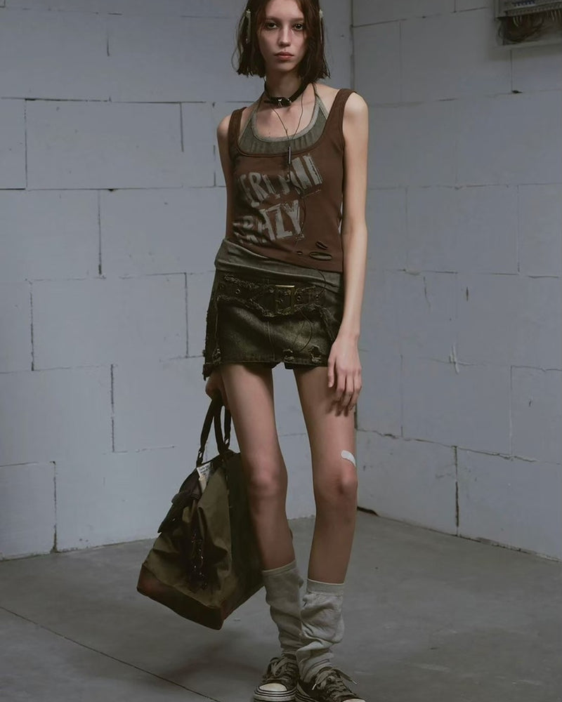 【Cest Nous】Denim Raw Hem Short Skirt