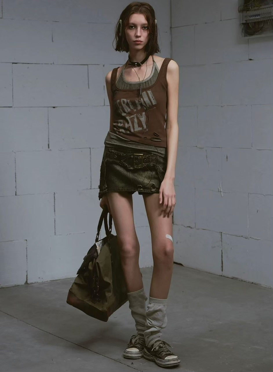 【Cest Nous】Denim Raw Hem Short Skirt