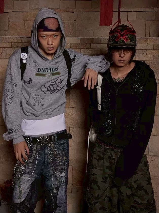 【DND4DES】RHINESTONE BLACK ZIP-UP HOODIE