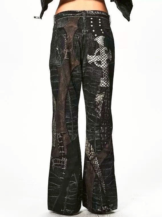 【DND4DES】LEATHER CROSS SPLICING PRINTED JEANS