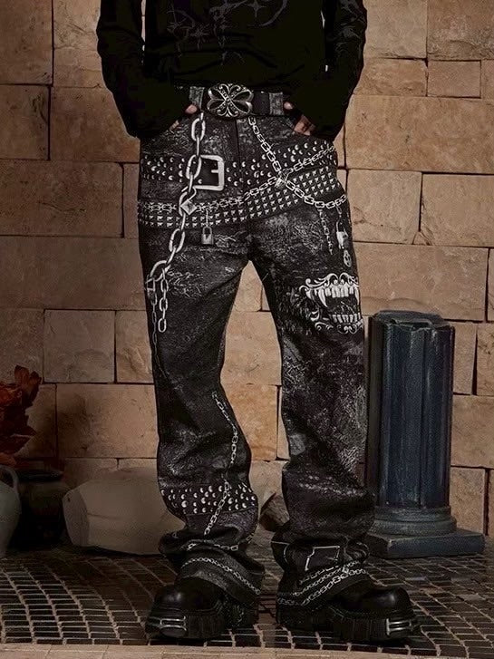 【DND4DES】MULTI BELTS CHAIN PRINTED JEANS