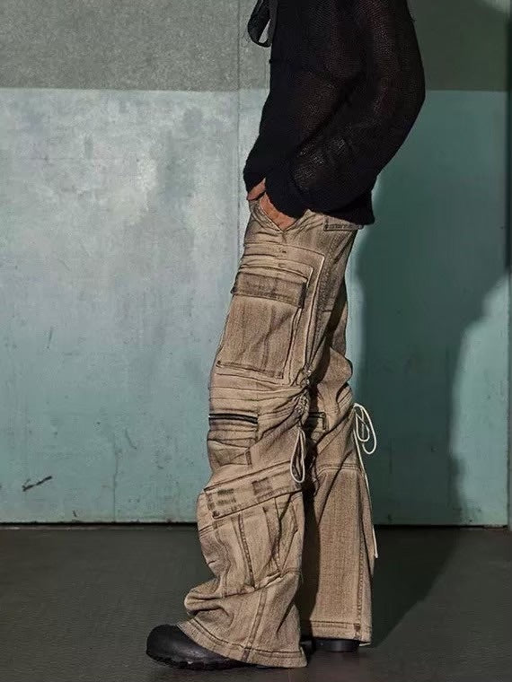 【DND4DES】DISTRESSED DRAWSTRING ADJUSTABLE ZIPPER CARGO PANTS