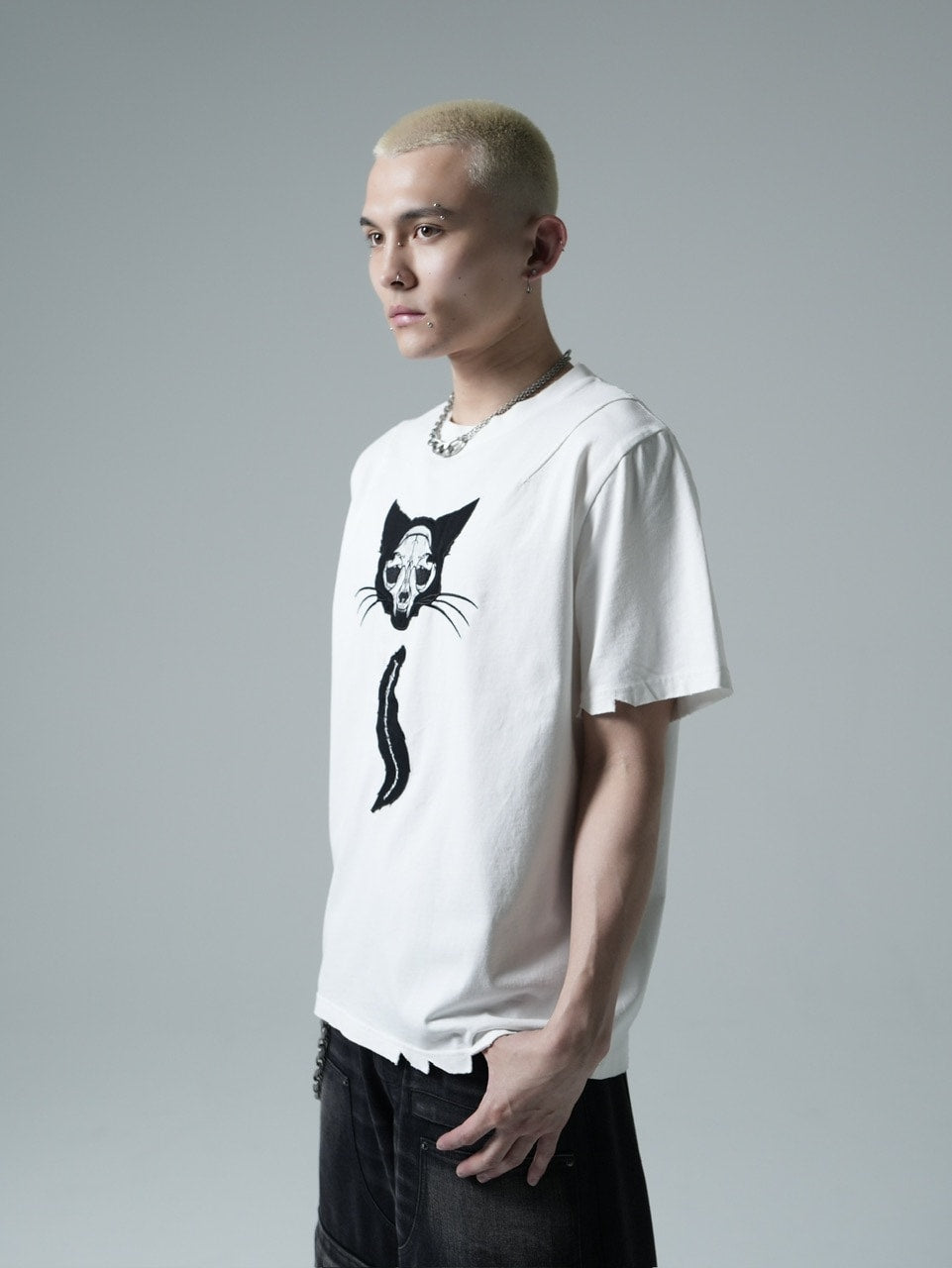 【CHIKASHITSU PLUS HIGH】Destroy skull cat T-shirt (white)